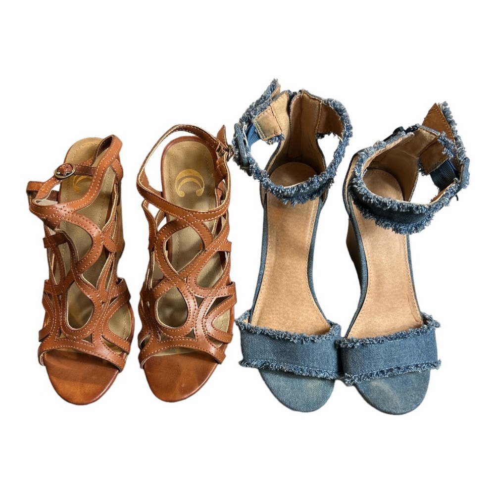 Womens Wedge Sandals Size 7 Denim Blue Brown Faux Leather Strappy Shoes
